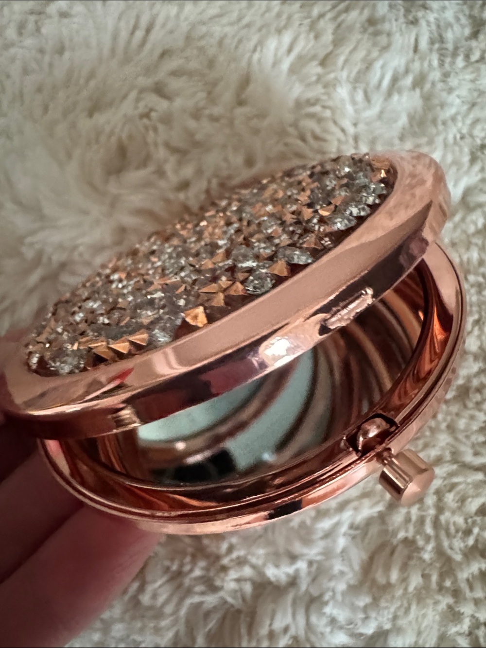 Rose Gold Crystal Pocket Compact Mirror with Sparkle Accent - Picture 2 of 6